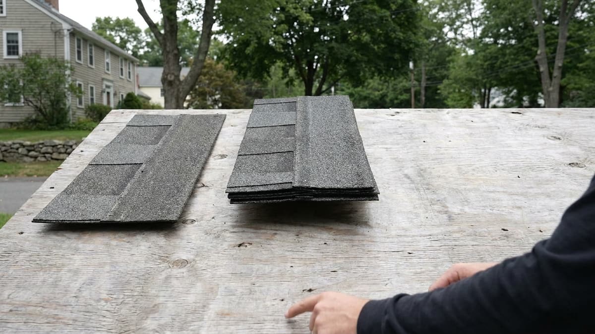 Two asphalt shingle samples laid side by side on plywood, one flat three-tab and one thick laminated architectural shingle, showing the difference in thickness