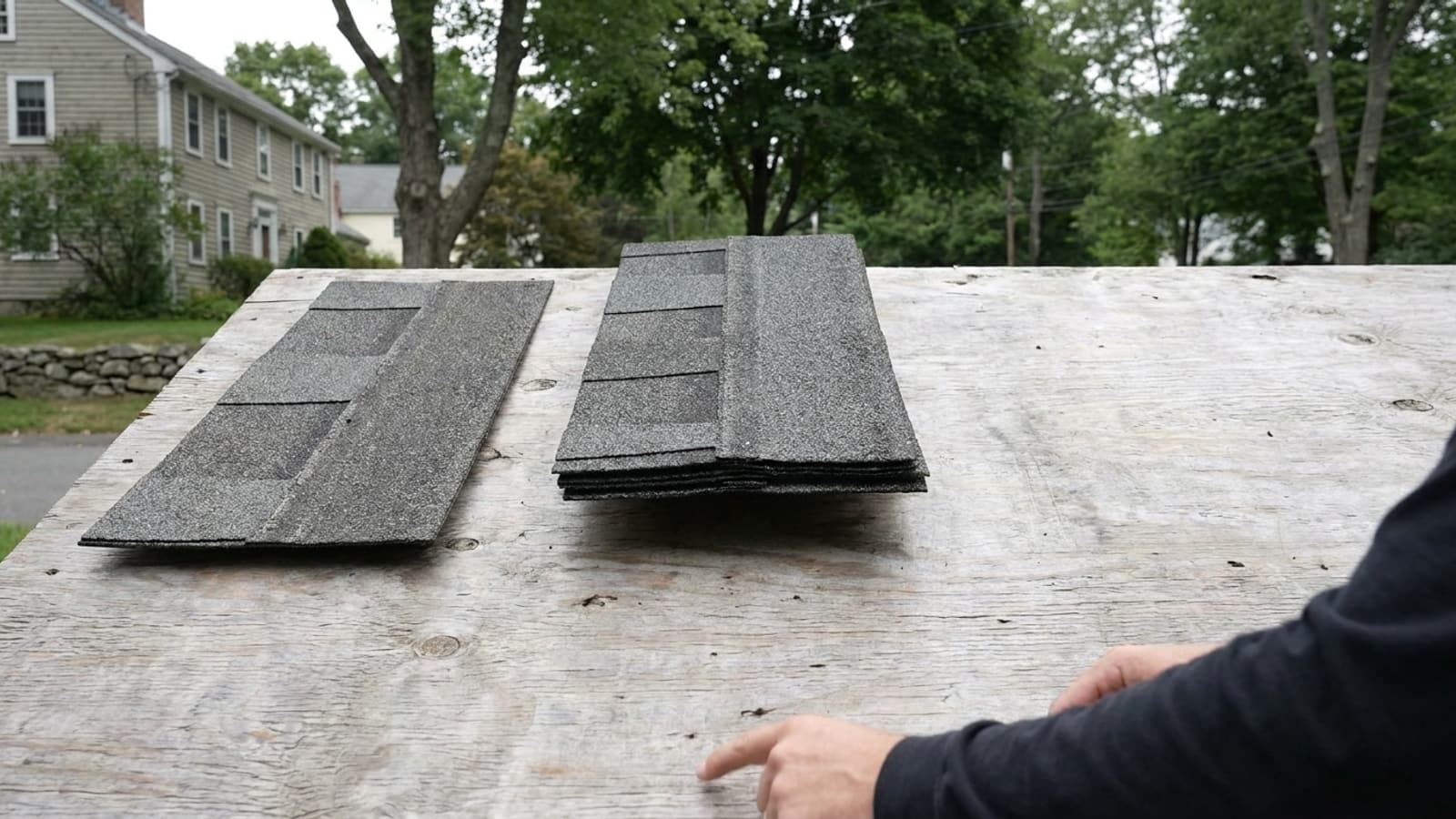 Two asphalt shingle samples laid side by side on plywood, one flat three-tab and one thick laminated architectural shingle, showing the difference in thickness