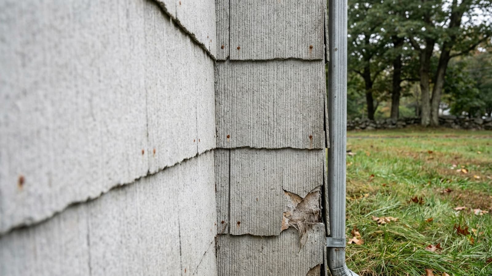 Weathered gray asbestos cement shingle siding on a mid-century house wall, with visible nail heads, a chipped corner shingle and a downspout at the edge