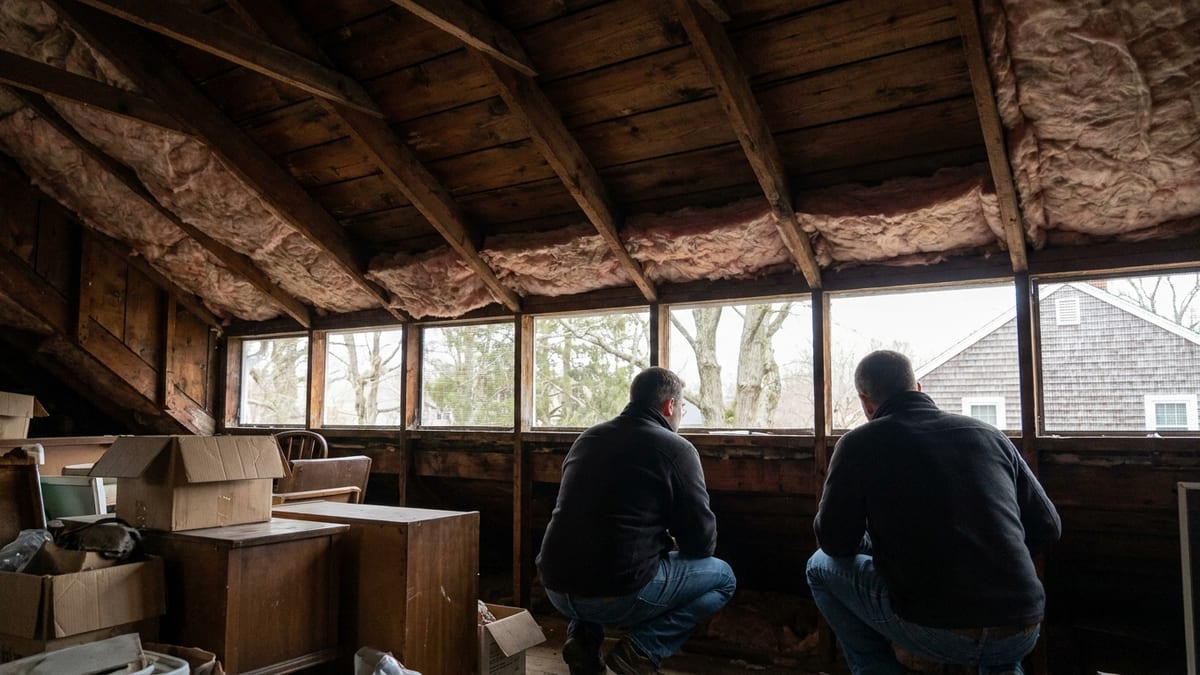 Underside of a residential roof deck seen from inside an attic with daylight at the soffit vents and insulation batts between joists