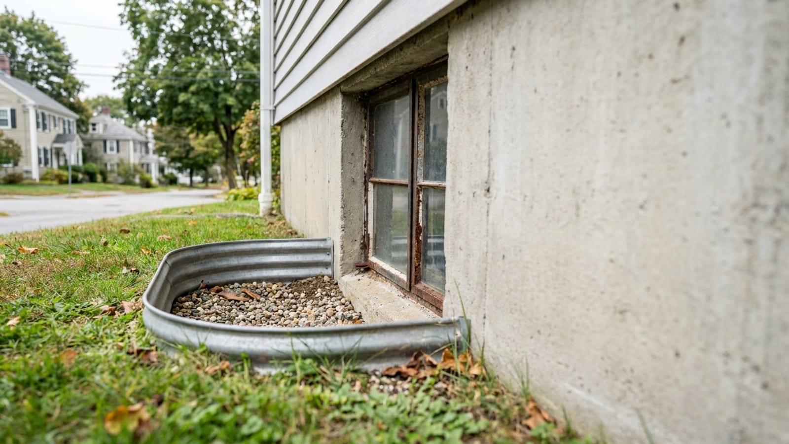 Small hopper-style basement window in a poured concrete foundation wall beside a corrugated metal window well filled with gravel