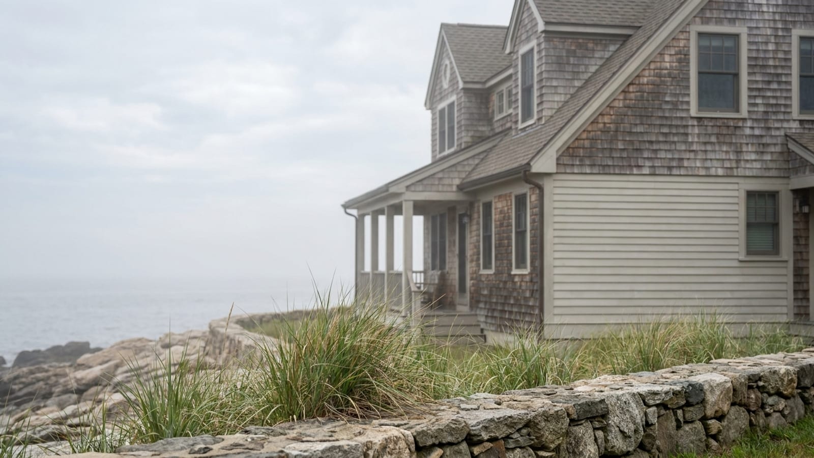 Shingle-style shoreline home with weathered cedar and light fiber cement siding, beach grass and a low stone wall in front, hazy coastal morning light
