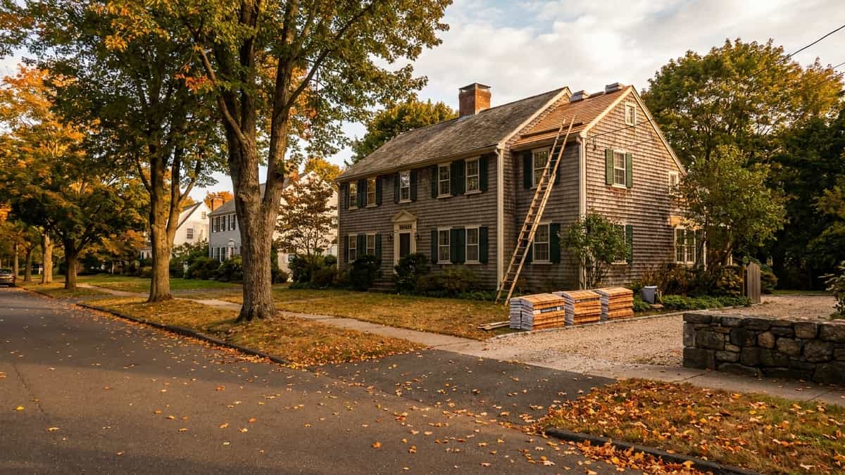 Shingle bundles and a ladder on a driveway beside a colonial home on a Connecticut street in early fall