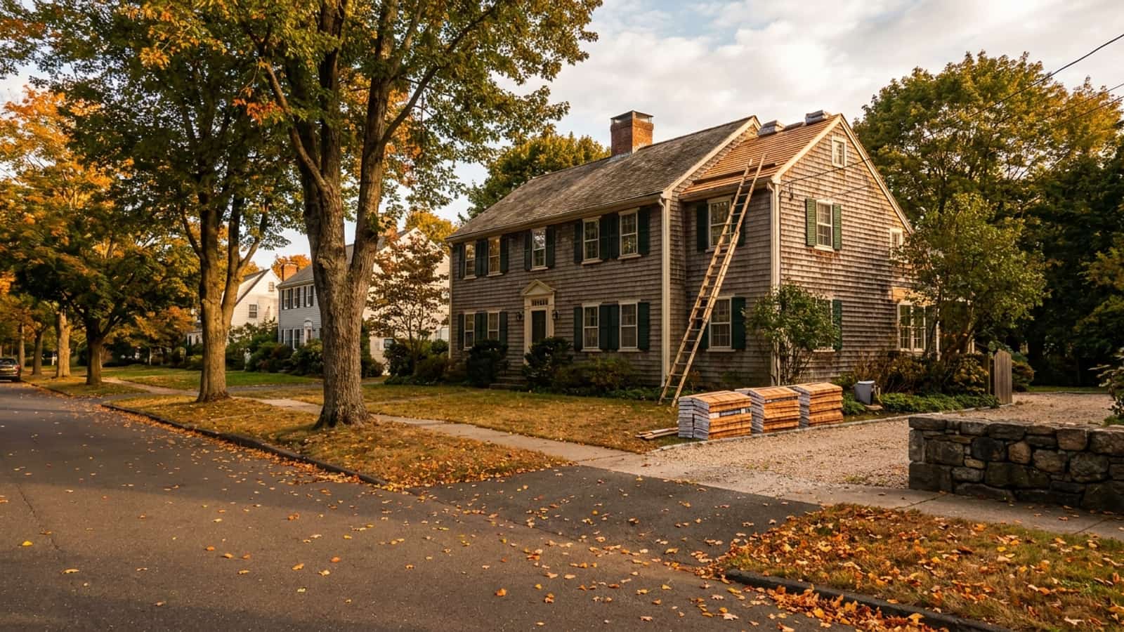 Shingle bundles and a ladder on a driveway beside a colonial home on a Connecticut street in early fall