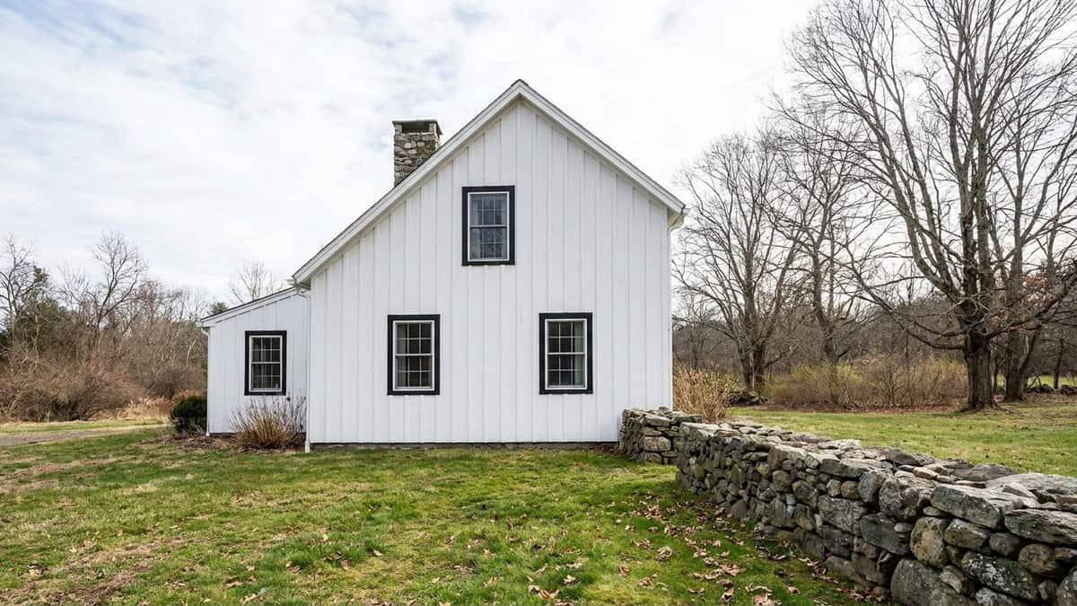 Gable end of a white Connecticut farmhouse clad in vertical board and batten siding with black window trim, a stone wall and green lawn in front under bright daylight
