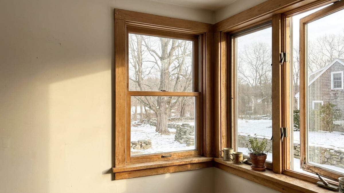 Interior corner of a bright Connecticut kitchen with a crank-out casement window next to a white double-hung window, bare trim and winter trees visible outside