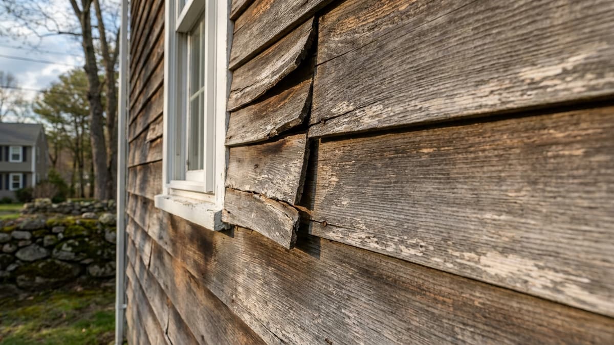 Close view of a weathered cedar clapboard wall with faded stain, cupped boards and splitting near a window trim edge in raking afternoon light