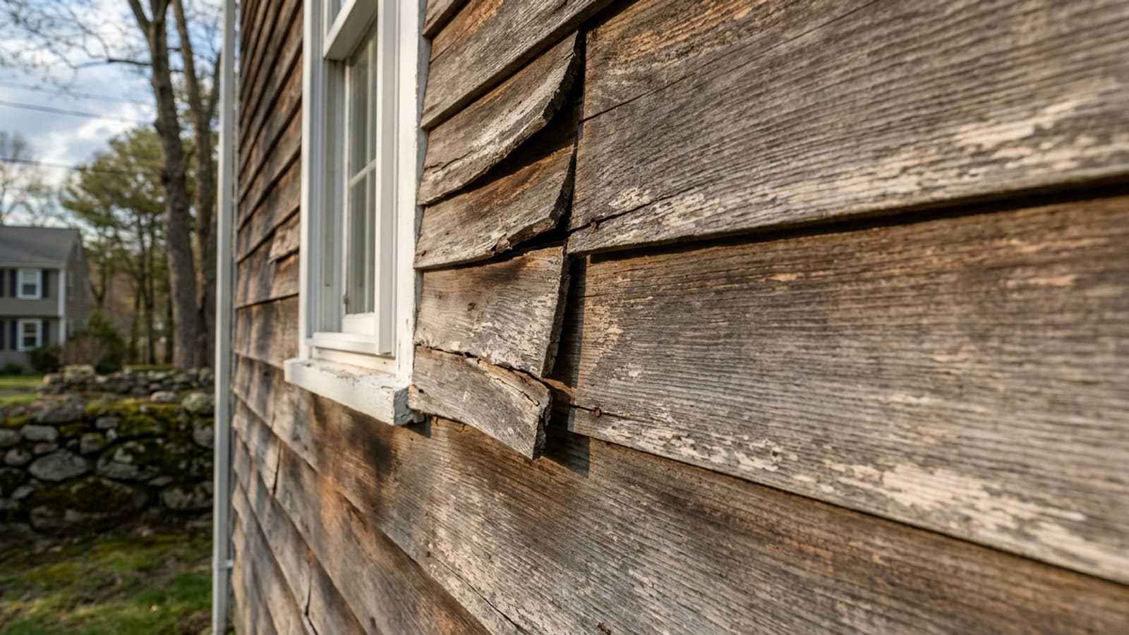 Close view of a weathered cedar clapboard wall with faded stain, cupped boards and splitting near a window trim edge in raking afternoon light