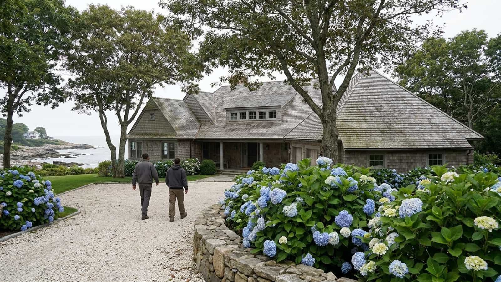 Shingle-style coastal Connecticut home with a weathered cedar shake roof under overcast maritime light, hydrangeas in the foreground