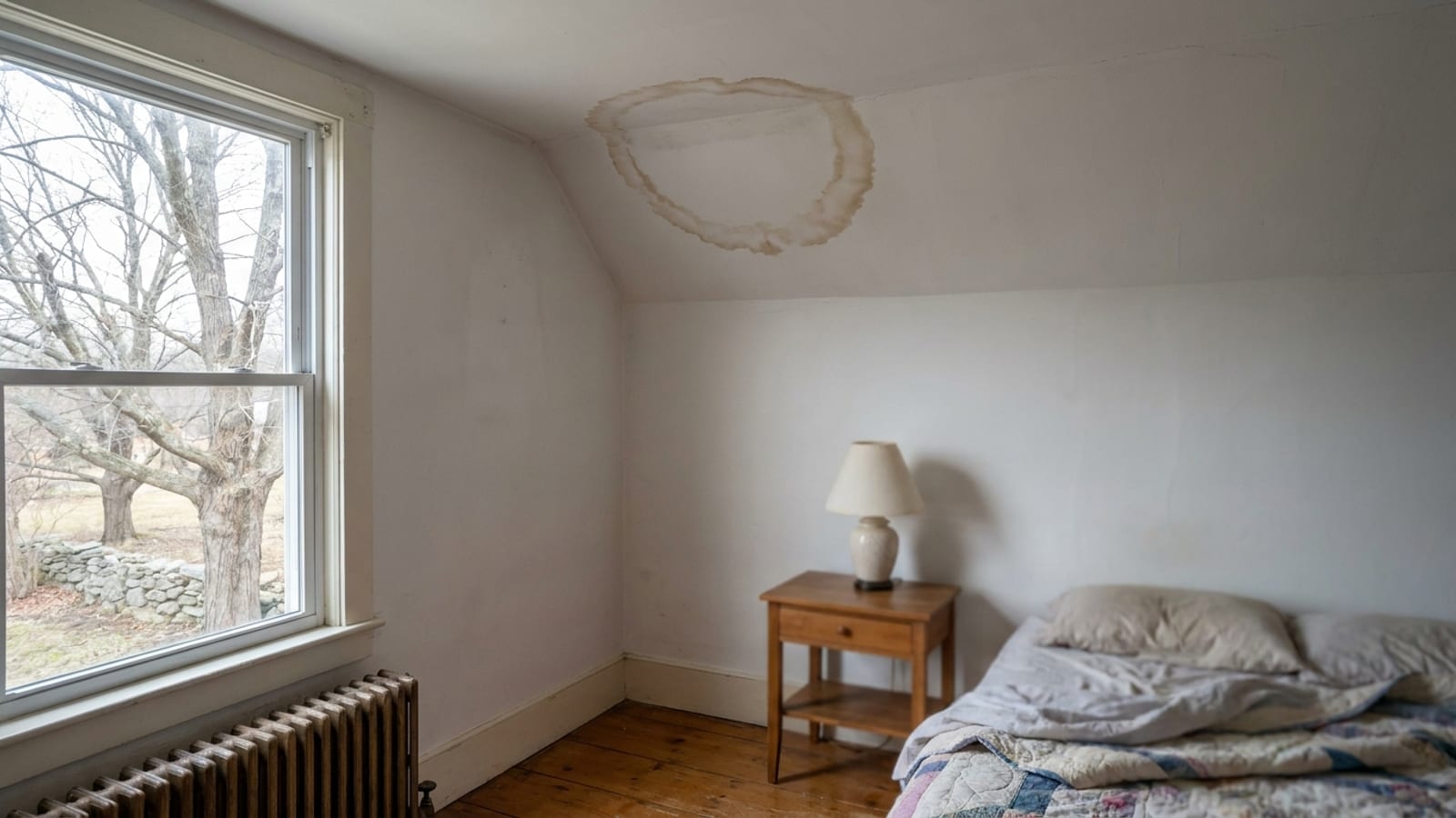 Brown ring-shaped water stain spreading across a white drywall ceiling in a quiet second-floor bedroom lit by soft daylight