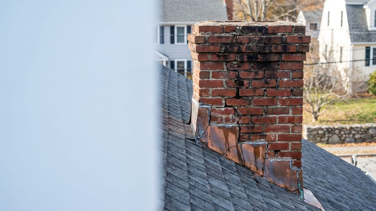 Red brick chimney rising through a gray asphalt shingle roof, showing aged step flashing and a weathered mortar joint with dark staining on the brick against a pale blue sky