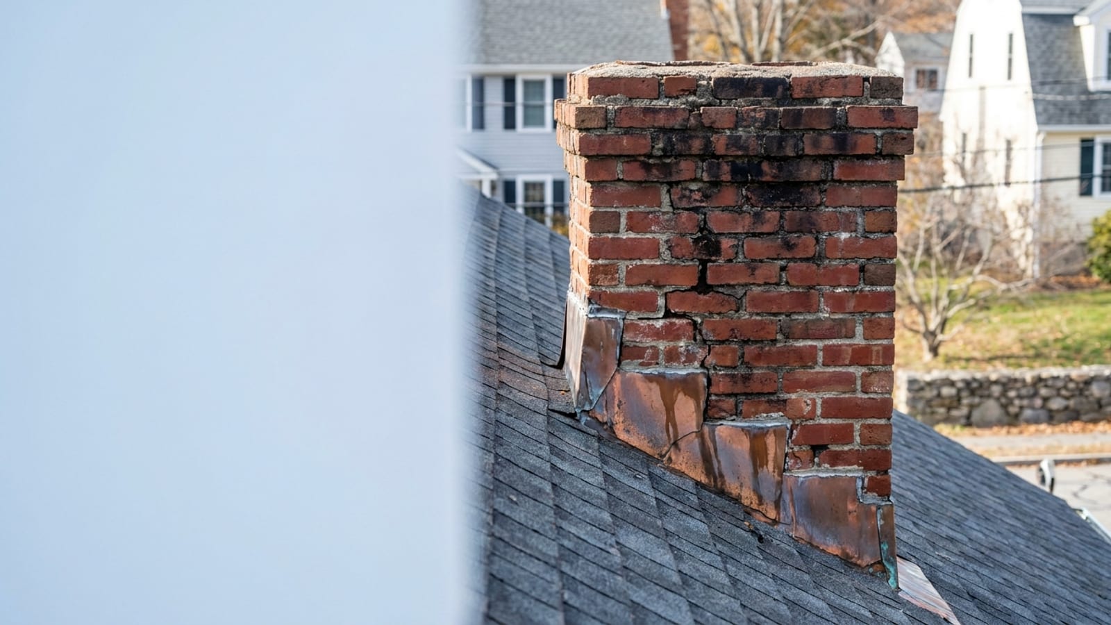 Red brick chimney rising through a gray asphalt shingle roof, showing aged step flashing and a weathered mortar joint with dark staining on the brick against a pale blue sky