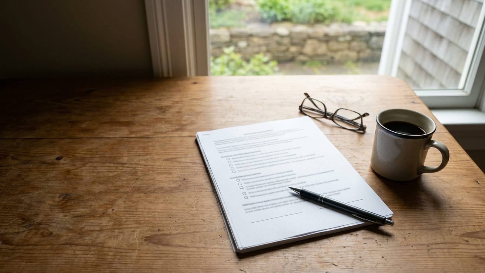 An overhead view of a printed home improvement contract on a kitchen table with a pen on the signature line, reading glasses and a mug of coffee in warm daylight