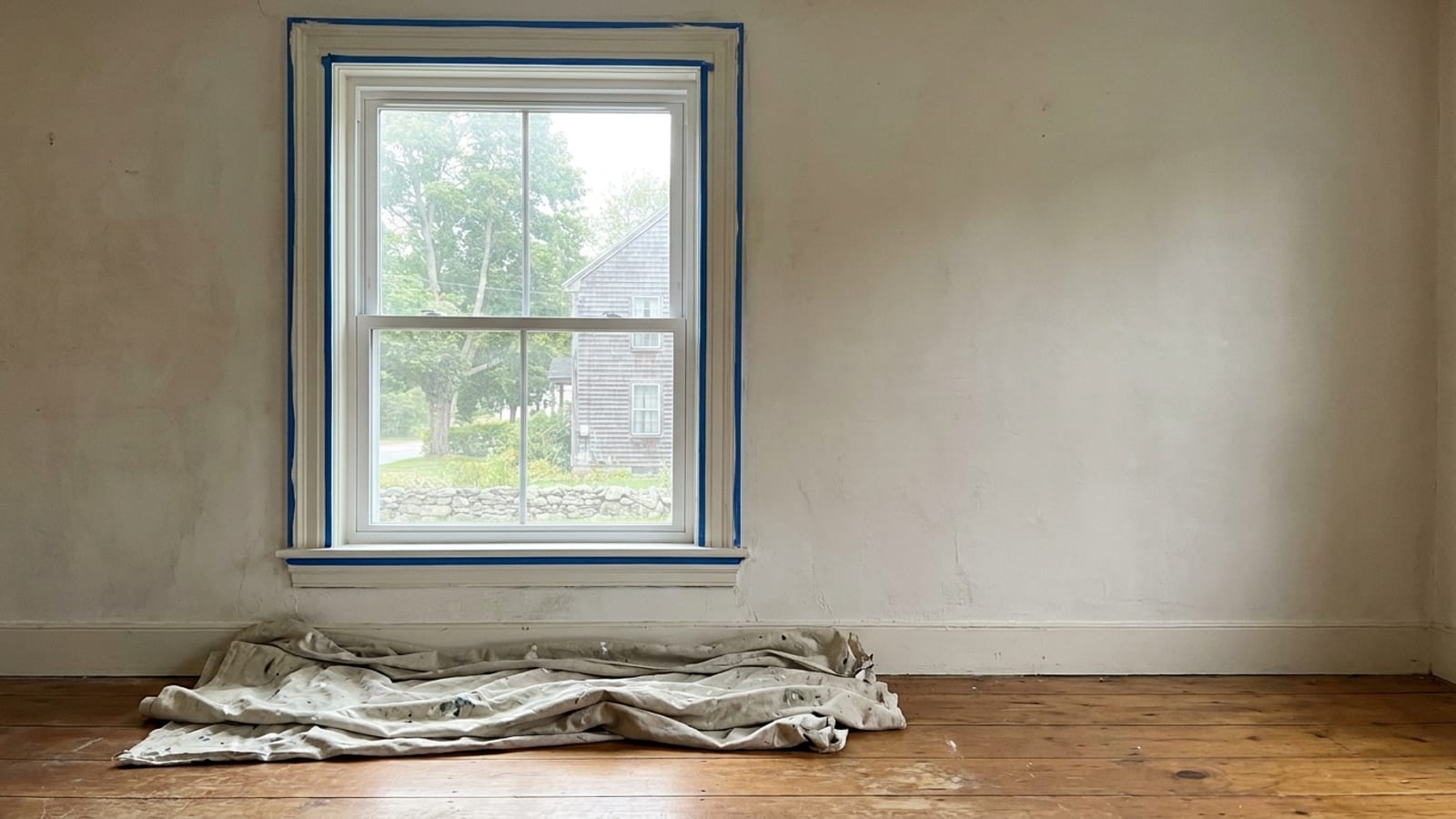White double-hung replacement window newly set in an older plaster wall with blue painter's tape at the trim edges and a folded drop cloth on the hardwood floor