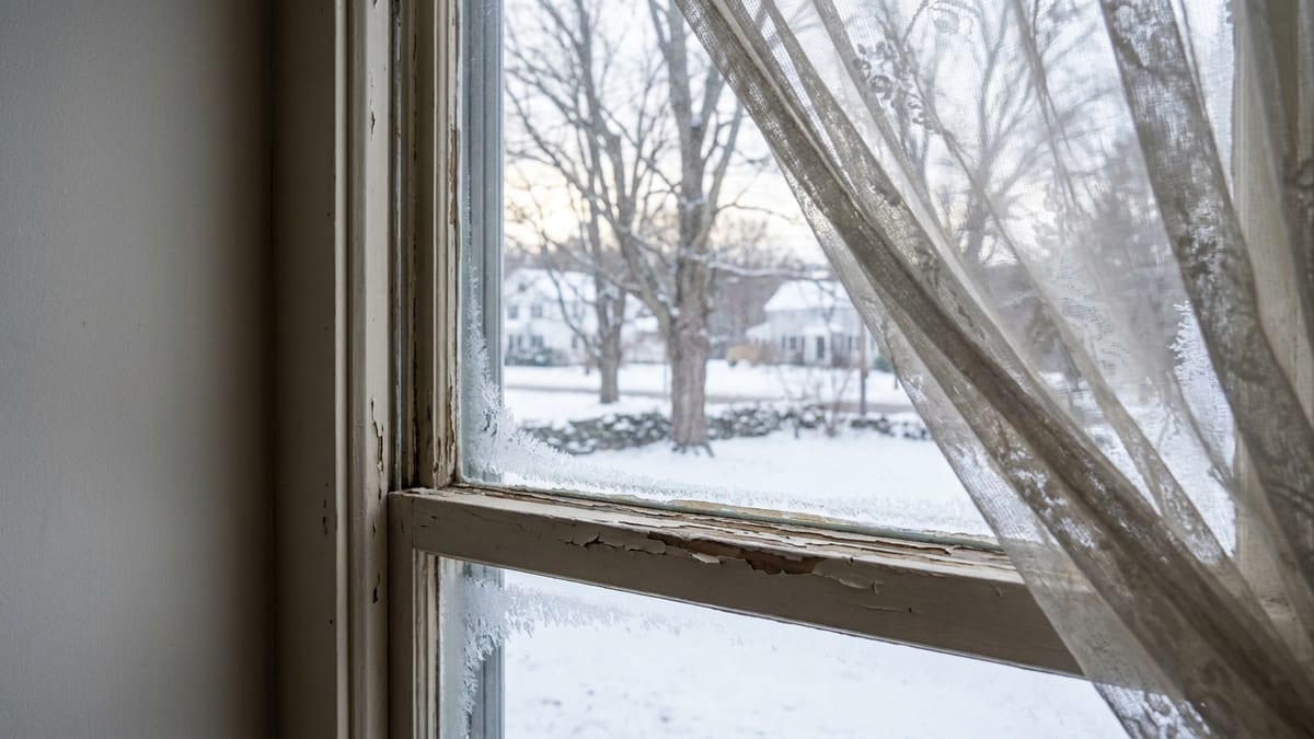 Close-up of an old wood double-hung window sash inside a Connecticut home in winter, peeling paint at the meeting rail, frost at the glass corners and snow visible in the yard beyond