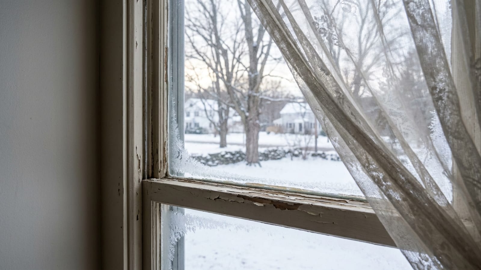 Close-up of an old wood double-hung window sash inside a Connecticut home in winter, peeling paint at the meeting rail, frost at the glass corners and snow visible in the yard beyond