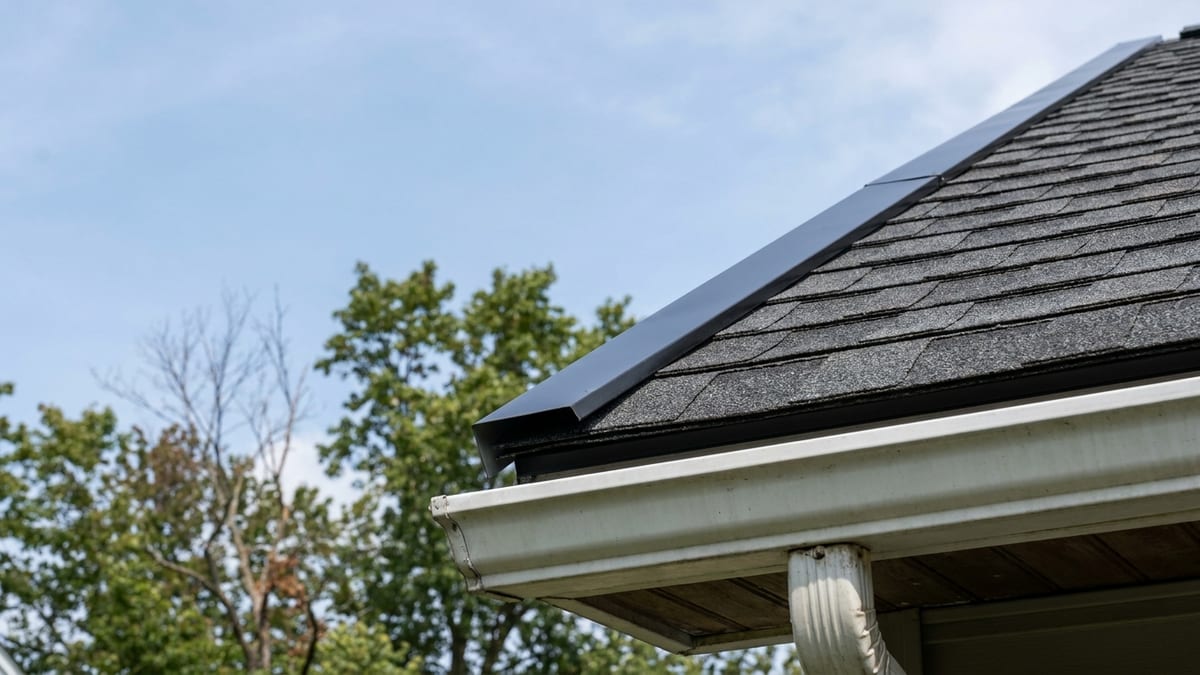 Close-up of a roof eave showing metal drip edge, new architectural shingles and an aluminum gutter against a blue sky