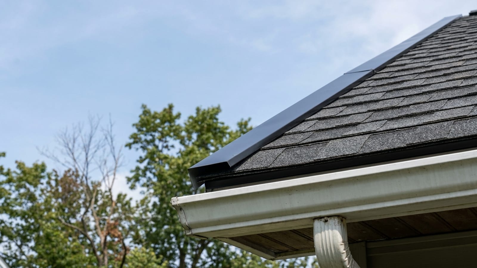 Close-up of a roof eave showing metal drip edge, new architectural shingles and an aluminum gutter against a blue sky