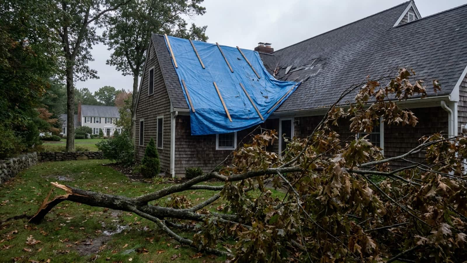 A heavy blue poly tarp secured with wood battens over a damaged section of asphalt shingle roof on a New England home, with a storm-broken tree limb on the lawn under a clearing sky