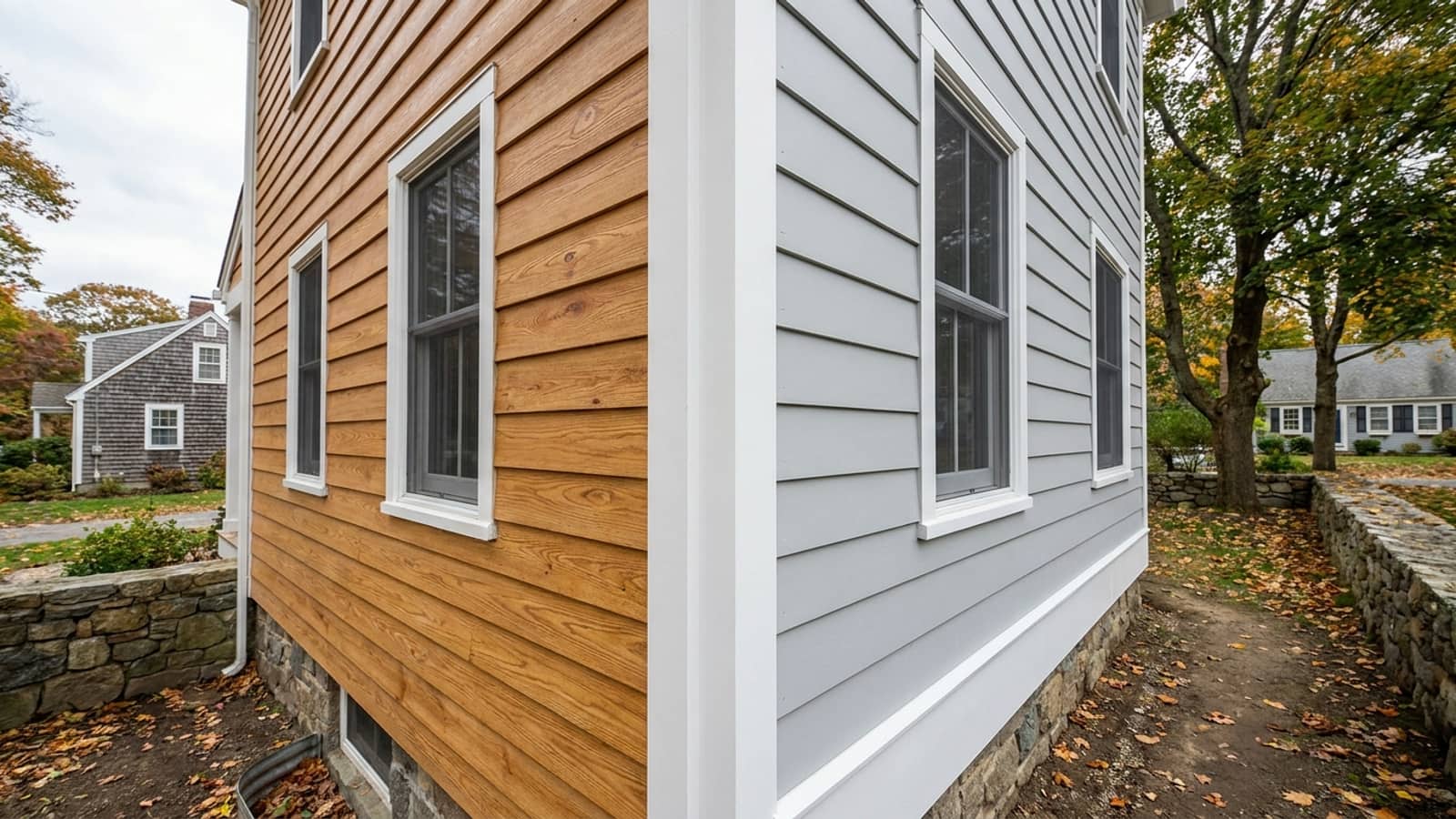 Two adjacent house walls side by side, one clad in wood-grain lap siding and one in smooth painted fiber cement lap siding, both with white corner trim in even daylight