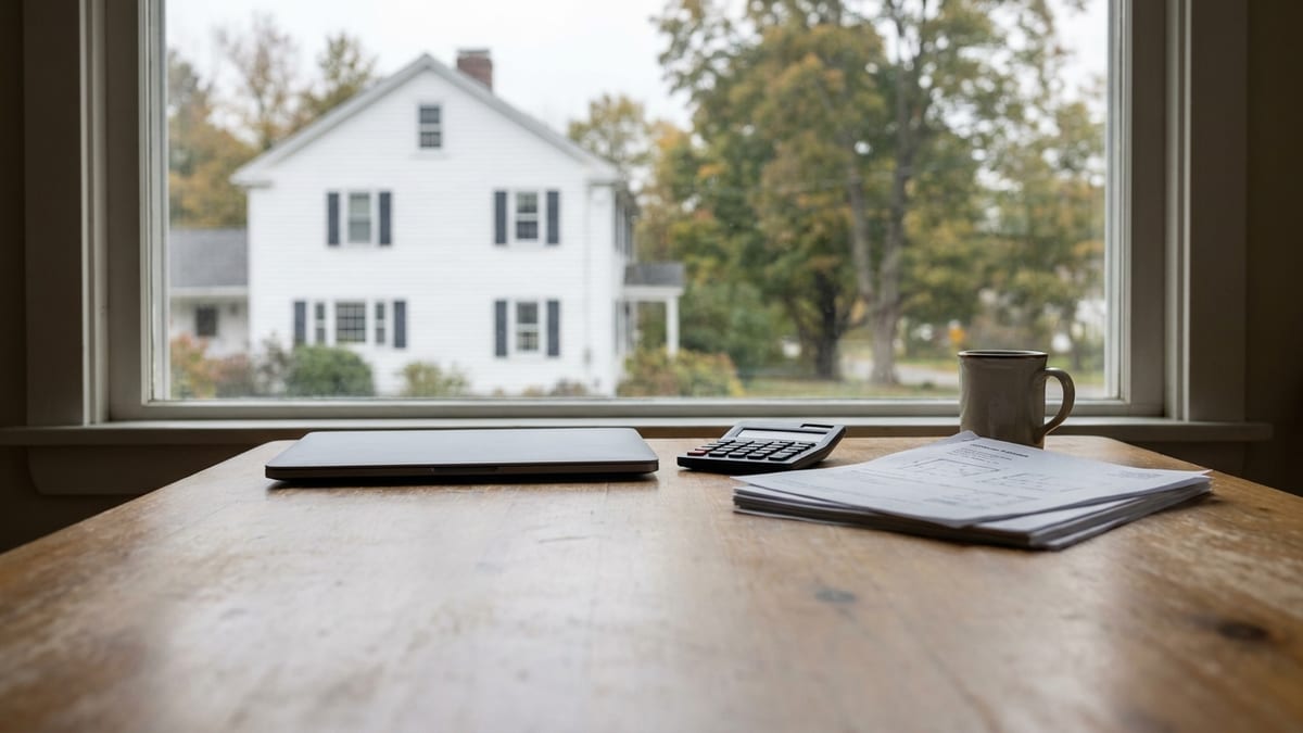 Kitchen table with a laptop, calculator, printed contractor estimate pages and a coffee mug in soft window light