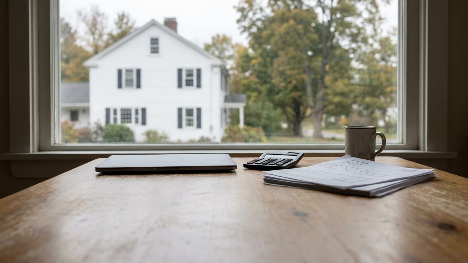 Kitchen table with a laptop, calculator, printed contractor estimate pages and a coffee mug in soft window light