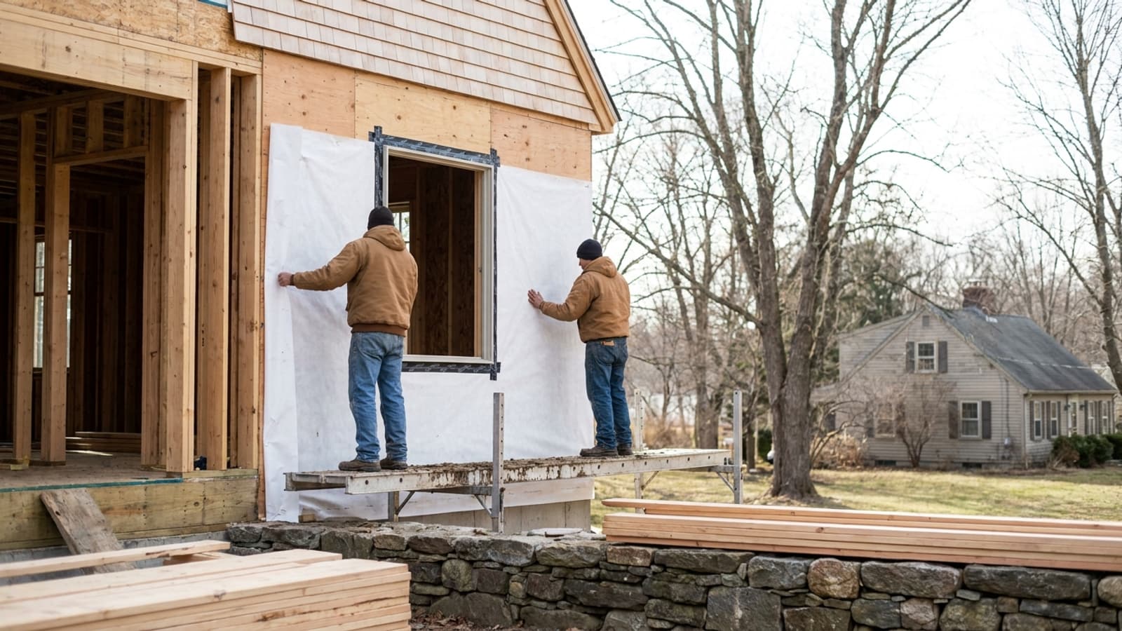 Residential wall under construction with house wrap installed over sheathing and flashed window openings in bright overcast daylight