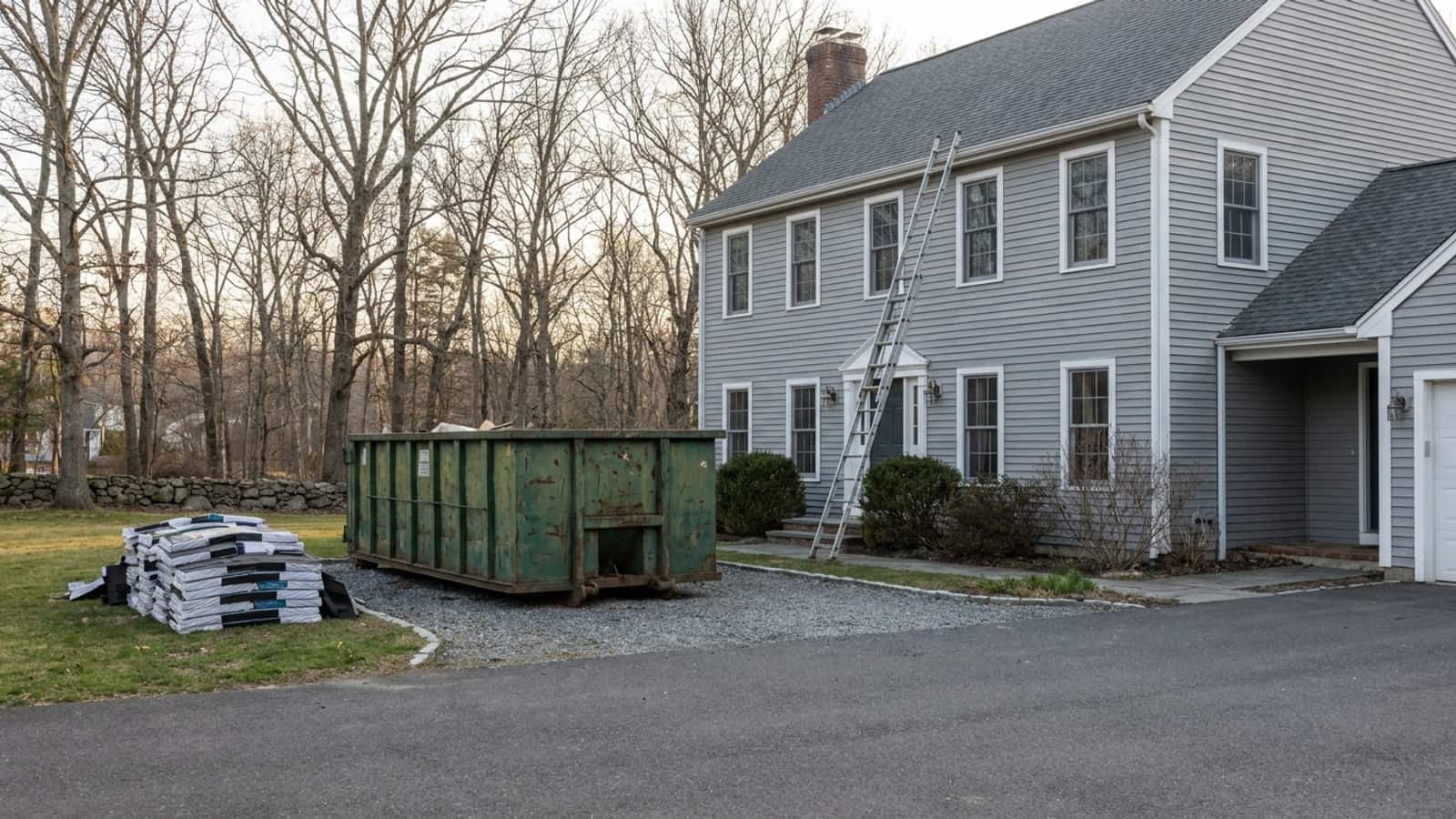 Early morning driveway at a two-story New England home with a dumpster, stacked shingle bundles on the lawn and a ladder leaning against the gutter