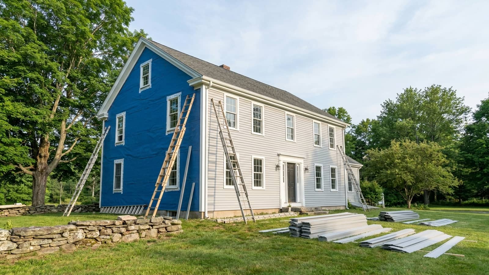 Two-story Connecticut house mid-project with one wall stripped to house wrap and the adjacent wall finished in new light gray siding