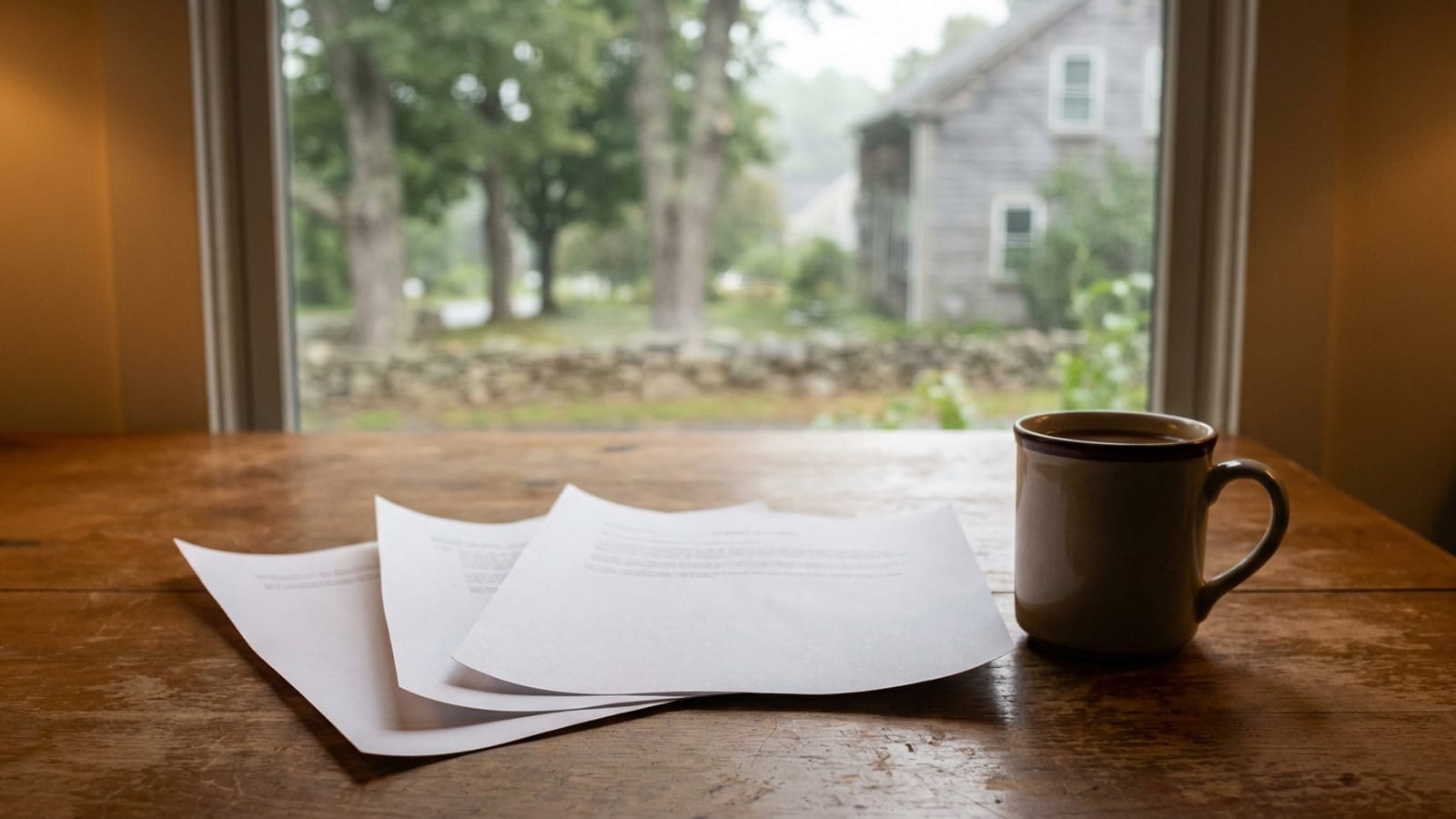 Three printed contractor estimates fanned out on a wooden kitchen table beside a coffee mug in warm daylight