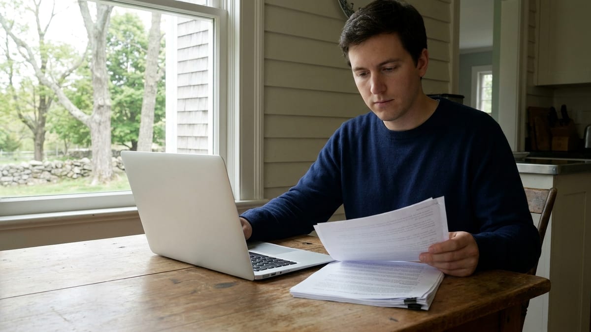 A homeowner at a kitchen table reviewing printed roofing estimates beside a laptop in natural window light