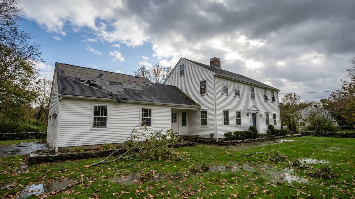 A Connecticut home after a storm with torn shingles along one roof slope and branches scattered across a wet lawn under clearing clouds