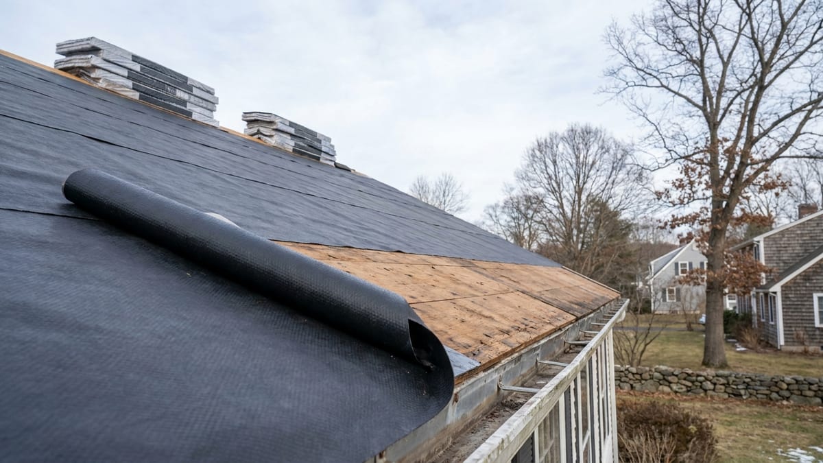 Close-up of a roof edge during replacement, with a dark self-adhering ice barrier membrane rolled over bare plywood decking along the eave and metal drip edge visible beneath
