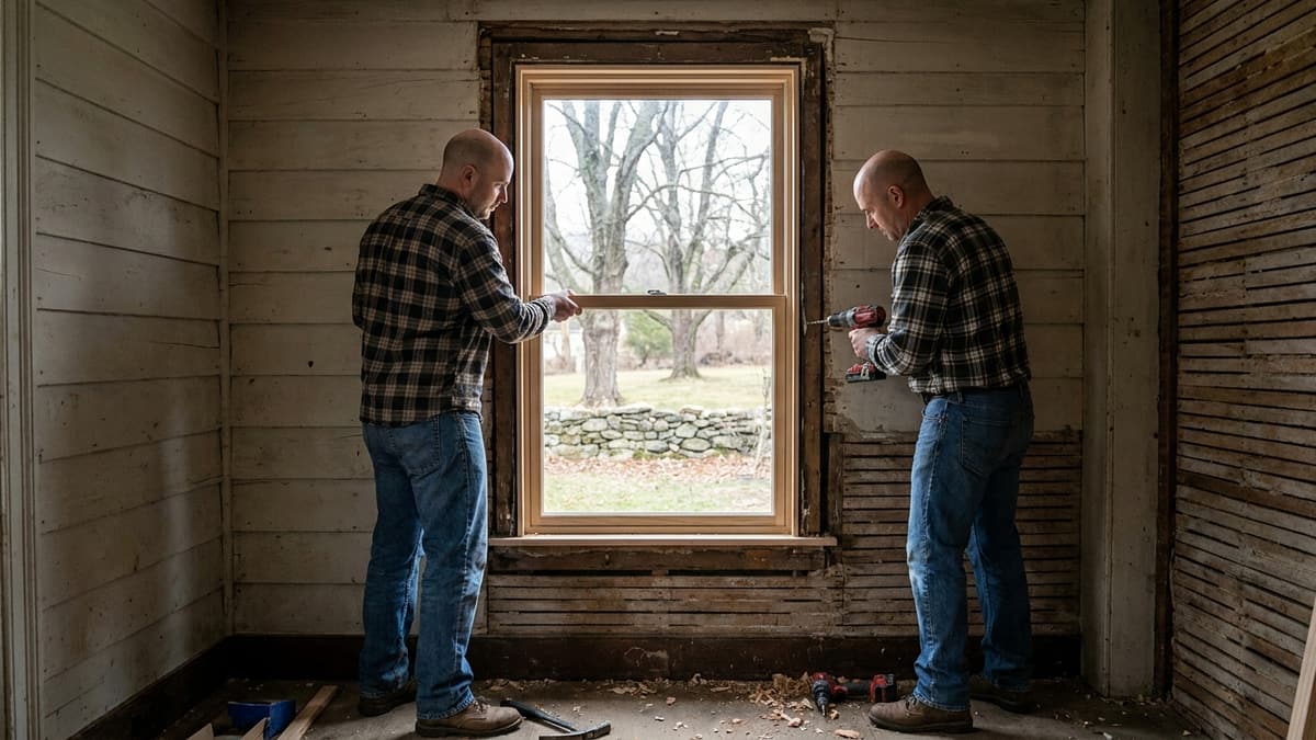 Double-hung replacement window being fitted into an existing opening in a Connecticut colonial, interior view in daylight