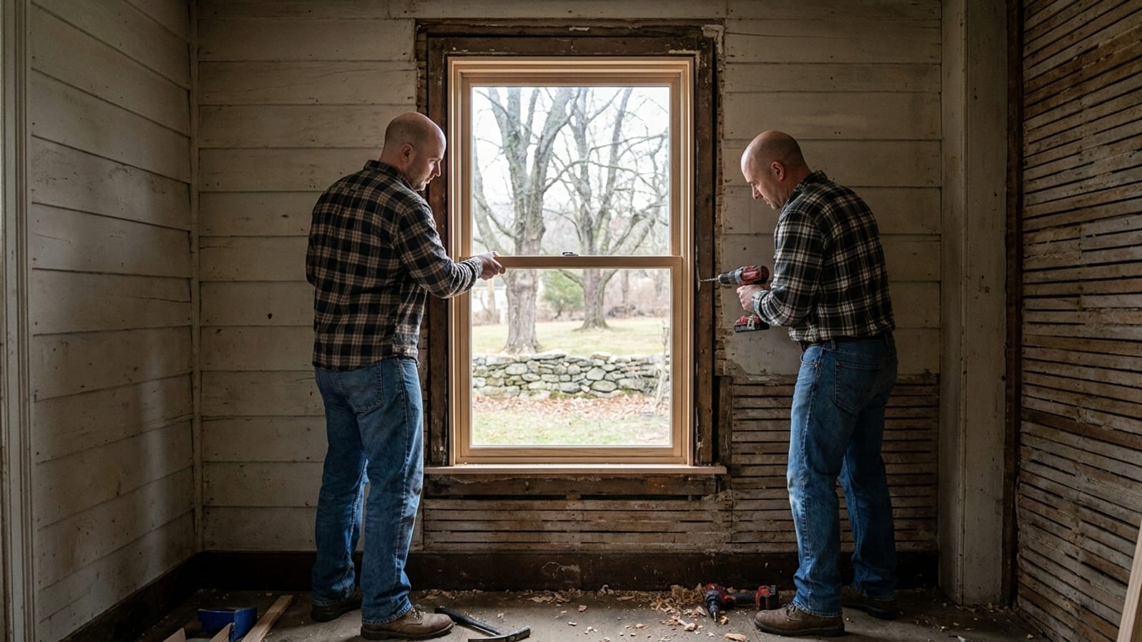 Double-hung replacement window being fitted into an existing opening in a Connecticut colonial, interior view in daylight