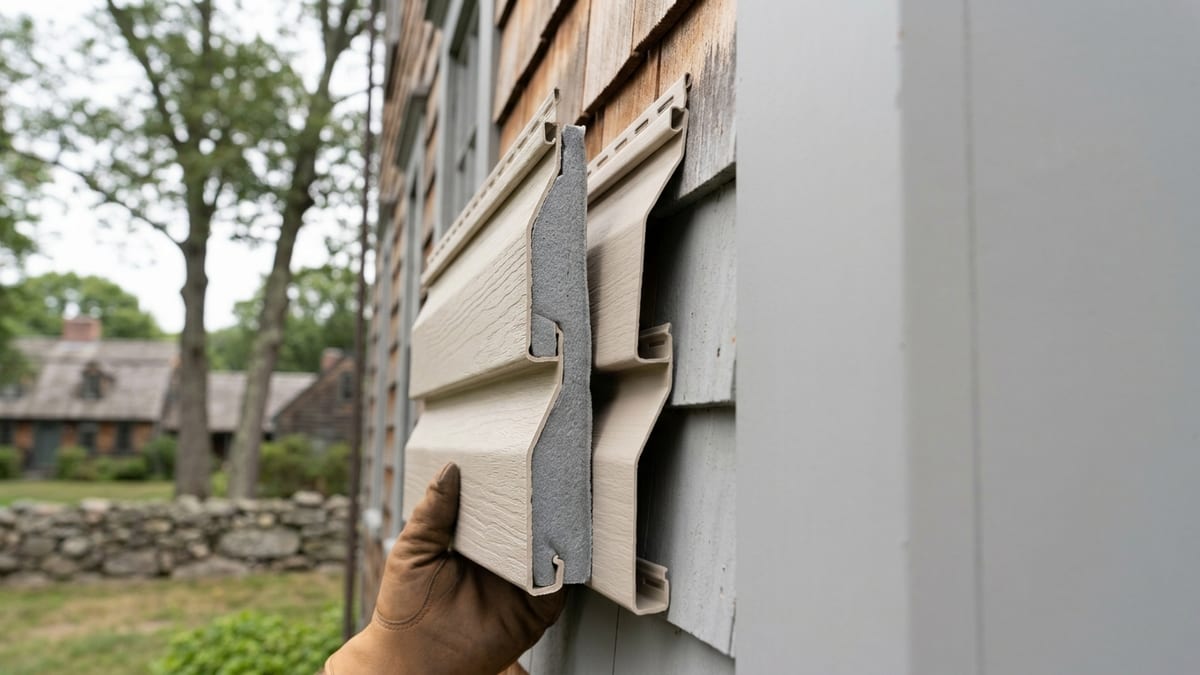 Cutaway of an insulated vinyl siding panel with contoured foam backing held next to a hollow standard vinyl panel against a house wall in daylight