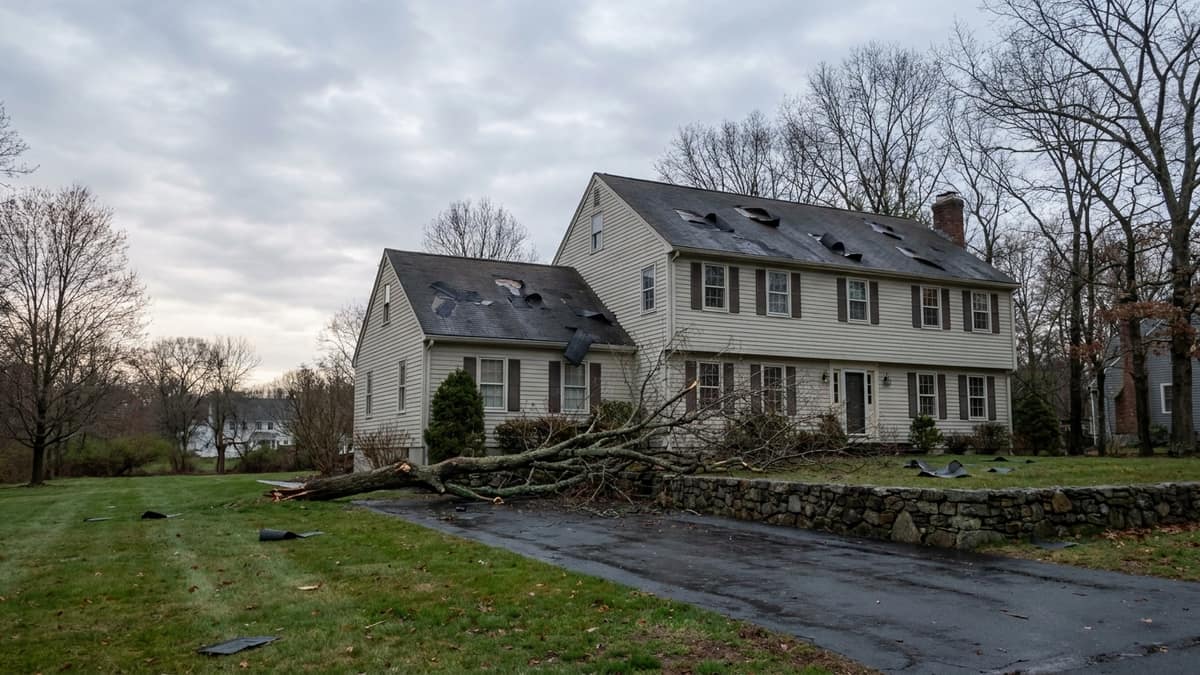 Suburban Connecticut colonial home after a wind storm with several asphalt shingles lifted and missing from the roof slope and a fallen tree limb on the lawn
