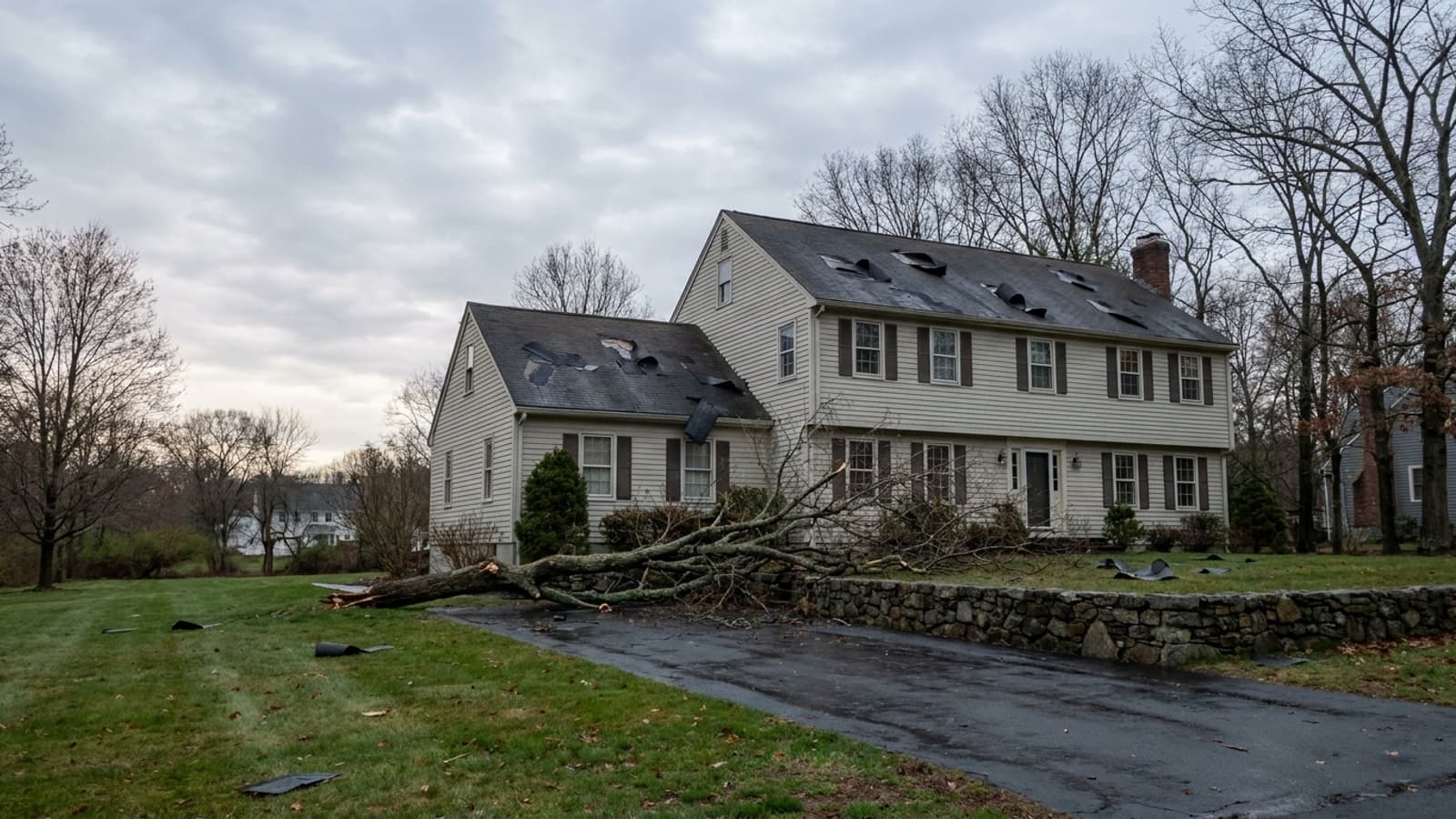 Suburban Connecticut colonial home after a wind storm with several asphalt shingles lifted and missing from the roof slope and a fallen tree limb on the lawn
