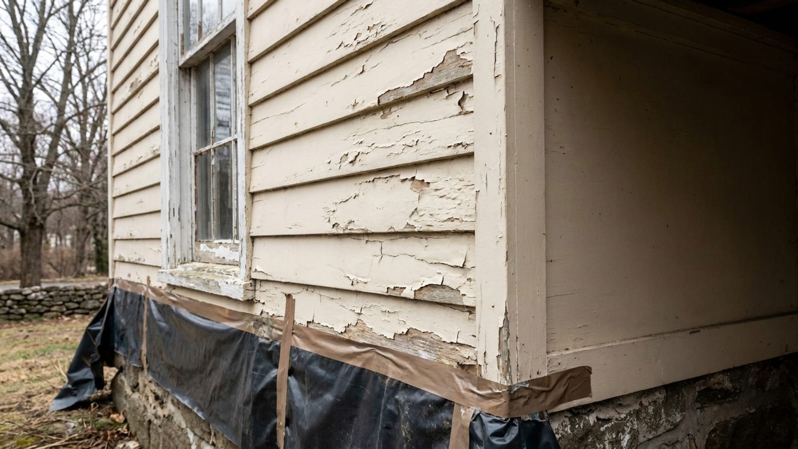 Close-up of an older Connecticut home with flaking cream paint on wood clapboards beside a peeling double-hung wood window, plastic sheeting taped along the foundation below