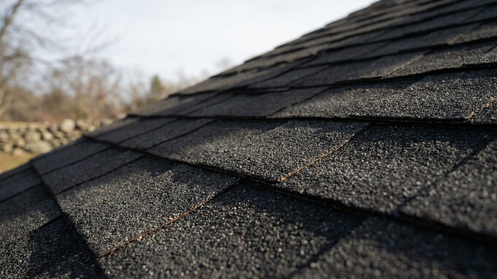 Close detail of overlapping charcoal architectural asphalt shingles on a sloped roof, granules and shadow lines lit by low afternoon sun