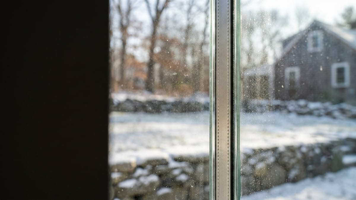 Close view of an insulated glass unit edge showing the spacer bar between two panes with winter light raking across the glass