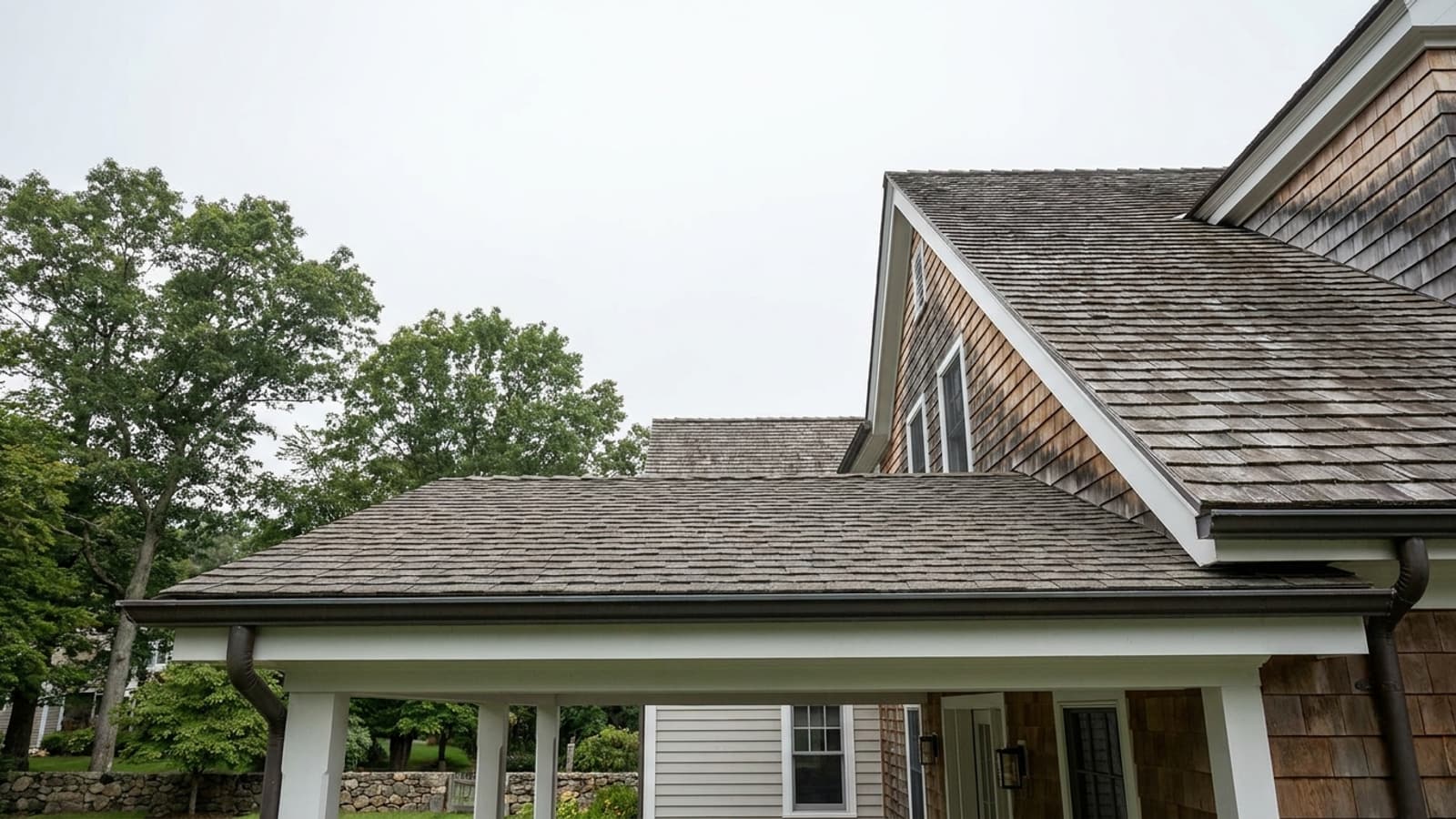 A low-pitched covered porch roof meeting the steeper main roof slope on a New England home, asphalt shingles and a clean eave line under soft overcast daylight