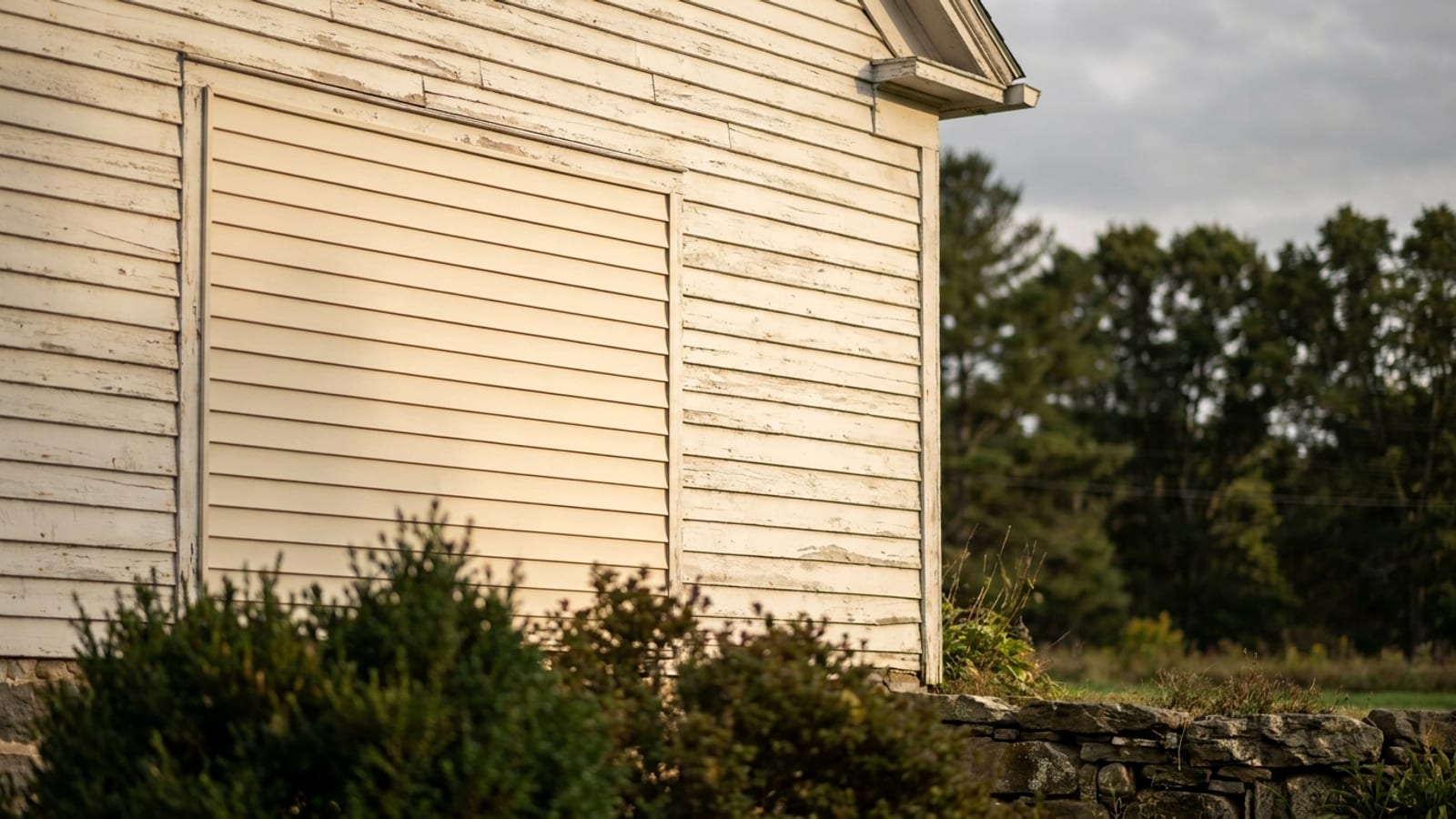 Close view of an exterior wall where a replacement siding section sits slightly lighter than the sun-faded panels around it in late day sidelight