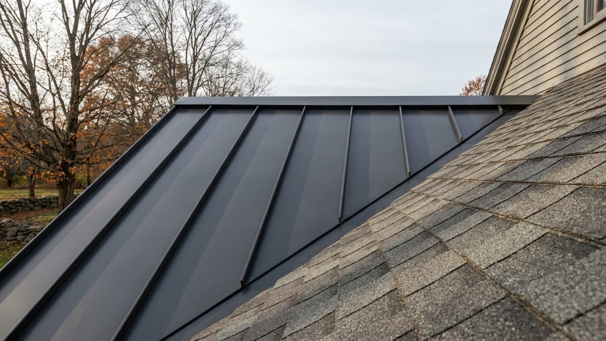 Roofline of a New England colonial where a dark standing seam metal section meets gray architectural asphalt shingles in crisp morning light