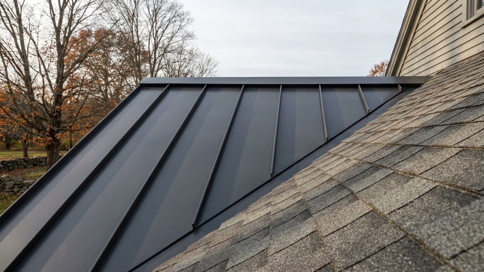 Roofline of a New England colonial where a dark standing seam metal section meets gray architectural asphalt shingles in crisp morning light