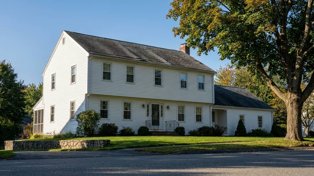 A well-kept 1970s Connecticut colonial with a visibly worn curling dark asphalt shingle roof under clear morning light