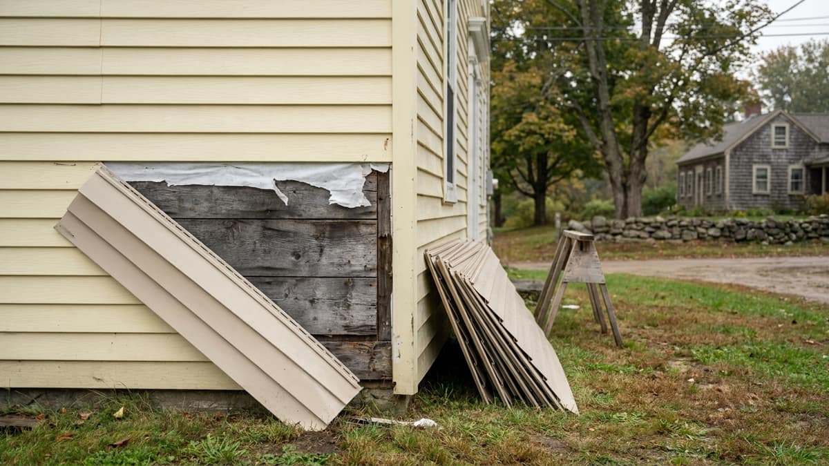 House wall corner with old chalky pale vinyl siding partially removed, exposing weathered wood sheathing and a strip of house wrap, with new siding panels stacked on the grass below