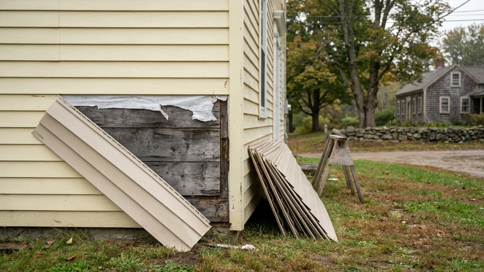 House wall corner with old chalky pale vinyl siding partially removed, exposing weathered wood sheathing and a strip of house wrap, with new siding panels stacked on the grass below