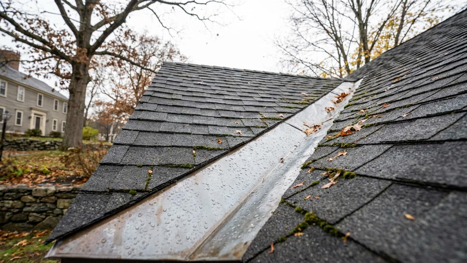 Close-up of an asphalt shingle roof valley lined with a metal channel, water beading on the metal after rain under soft overcast light