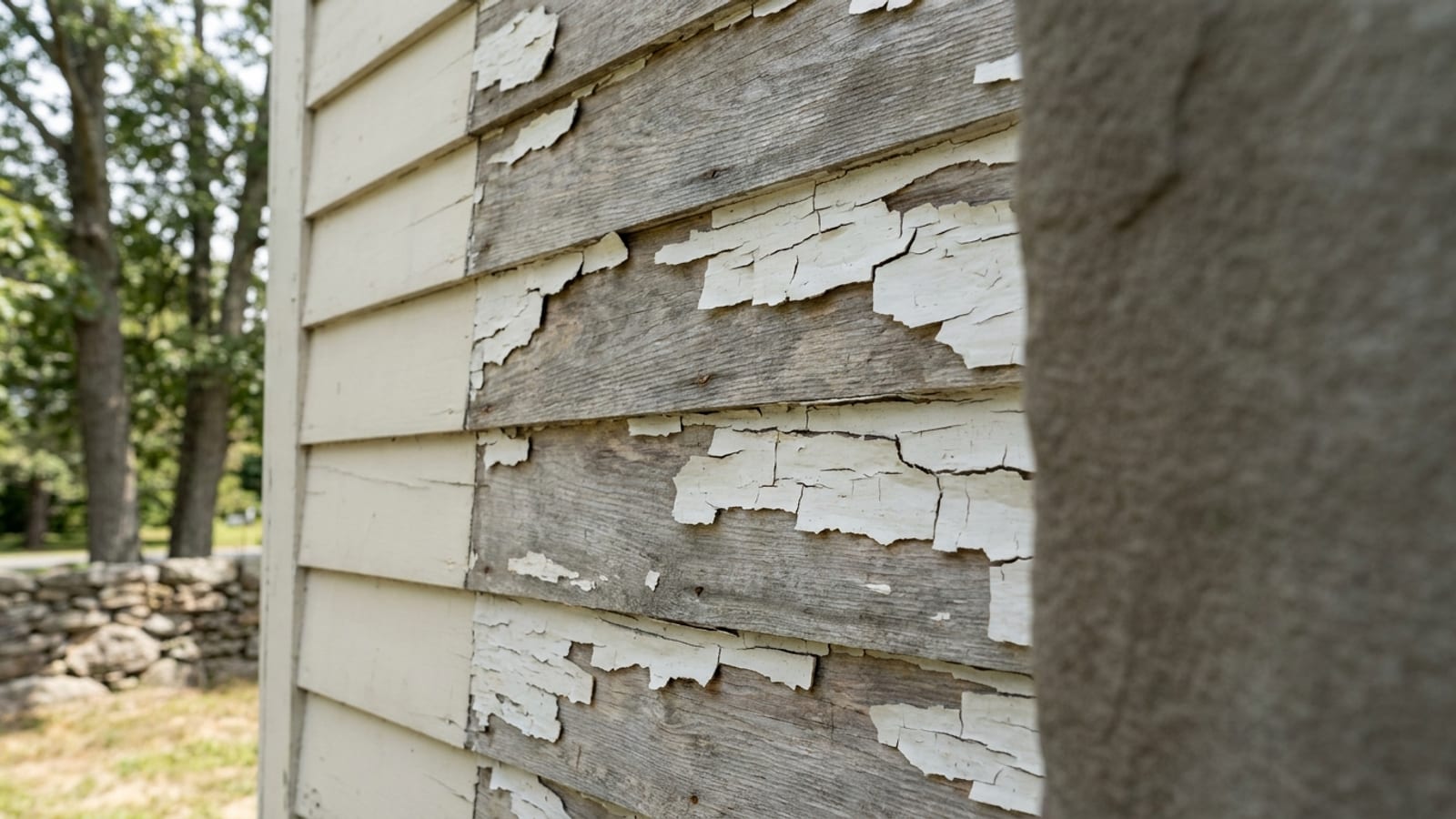 Close-up of a New England home's wood clapboard siding with paint peeling in wide flakes and bare gray wood showing beneath, next to a section of intact painted clapboard